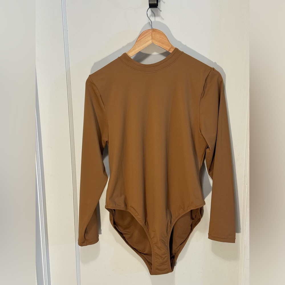 Skims Long Sleeve Back-Zip Swimsuit, Tan, 2X